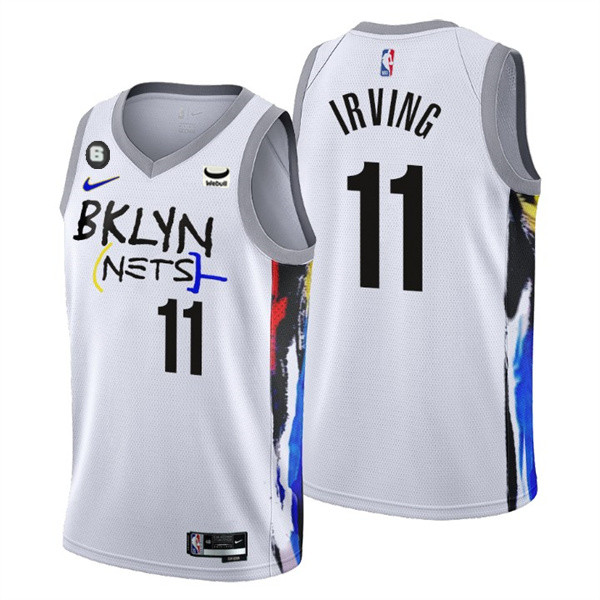 Men's Brooklyn Nets #11 Kyrie Irving White 2022/23 City Edition With NO.6 Patch Stitched Basketball Jersey